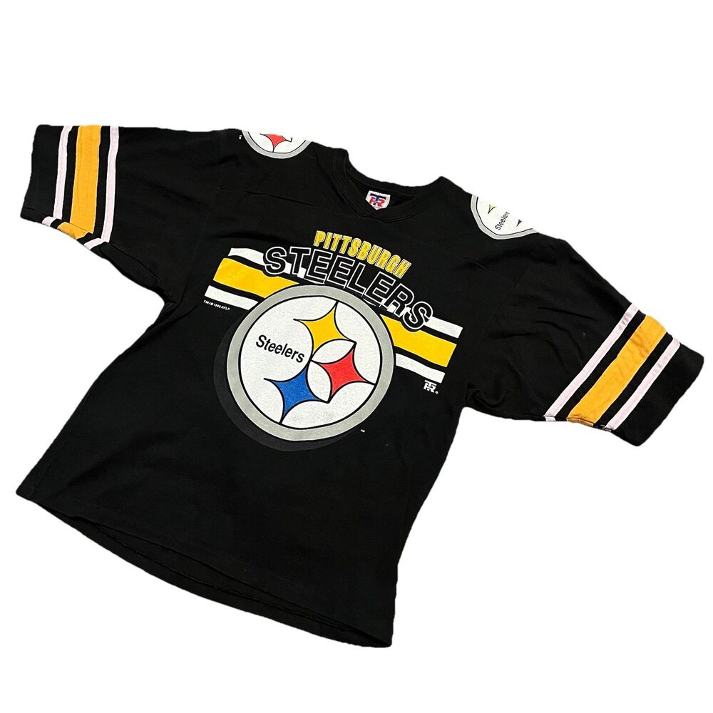 Pittsburgh Steelers NFL 1996 Big Print Striped Sleeves Jersey Style T Shirt Med